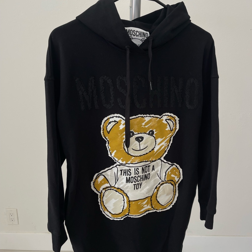 Moschino Black Hoodie dress with Tan & White Teddy Graphic